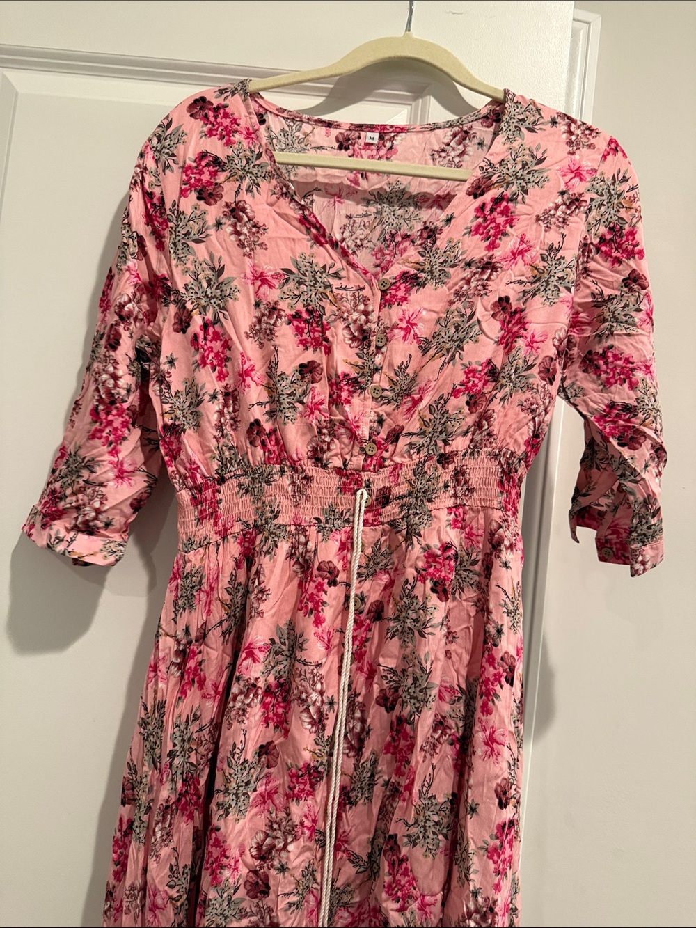 Pink Floral Drawstring Waist Midi Dress